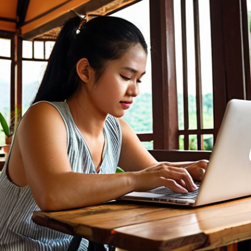 **A digital nomad working on a laptop at a cozy cafe in Chiang Mai, Thailand. The cafe should have stable Wi-Fi and ergonomic seating. Focus on the sense of productivity and a comfortable workspace, with a focus on local Thai culture.**