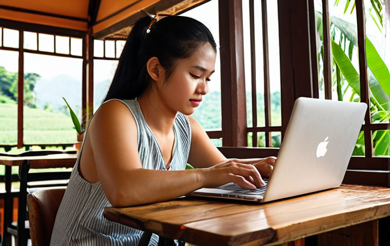 **A digital nomad working on a laptop at a cozy cafe in Chiang Mai, Thailand. The cafe should have stable Wi-Fi and ergonomic seating. Focus on the sense of productivity and a comfortable workspace, with a focus on local Thai culture.**