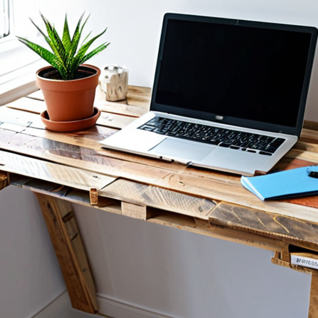 Upcycled Pallet Desk**

"A bright and airy home office featuring a desk made from upcycled wooden pallets, fully clothed, appropriate attire, safe for work. The desk is neatly organized with a laptop, stationery, and a small potted plant. The background includes a white wall with motivational art and natural light streaming through a window. Perfect anatomy, correct proportions, natural pose, well-formed hands, proper finger count, natural body proportions, professional, modest, family-friendly, high quality."

**