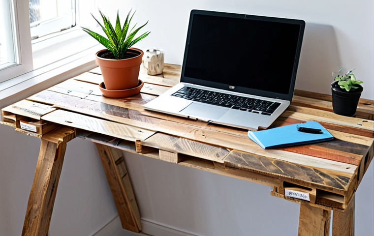 Upcycled Pallet Desk**

"A bright and airy home office featuring a desk made from upcycled wooden pallets, fully clothed, appropriate attire, safe for work. The desk is neatly organized with a laptop, stationery, and a small potted plant. The background includes a white wall with motivational art and natural light streaming through a window. Perfect anatomy, correct proportions, natural pose, well-formed hands, proper finger count, natural body proportions, professional, modest, family-friendly, high quality."

**