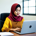 **

A professional woman in a modest, tailored baju kurung (traditional Malay dress), sitting at a clean desk in a bright, modern co-working space in Kuala Lumpur. She is working on a laptop, with a focused and friendly expression. The background features blurred-out colleagues in professional attire, safe for work, appropriate content, fully clothed, professional, perfect anatomy, correct proportions, natural pose, well-formed hands, proper finger count, natural body proportions, high quality.

**