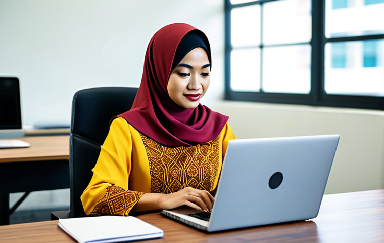 **

A professional woman in a modest, tailored baju kurung (traditional Malay dress), sitting at a clean desk in a bright, modern co-working space in Kuala Lumpur. She is working on a laptop, with a focused and friendly expression. The background features blurred-out colleagues in professional attire, safe for work, appropriate content, fully clothed, professional, perfect anatomy, correct proportions, natural pose, well-formed hands, proper finger count, natural body proportions, high quality.

**