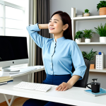 **

A Malaysian woman in comfortable, modest work-from-home attire (e.g., baju kurung or long-sleeved blouse and trousers), stretching her neck and shoulders while seated at a well-organized ergonomic workstation. The background shows a bright and tidy home office setting with plants and motivational posters. Emphasis on correct posture and a relaxed expression. Fully clothed, appropriate content, professional, safe for work, perfect anatomy, natural pose.

**
