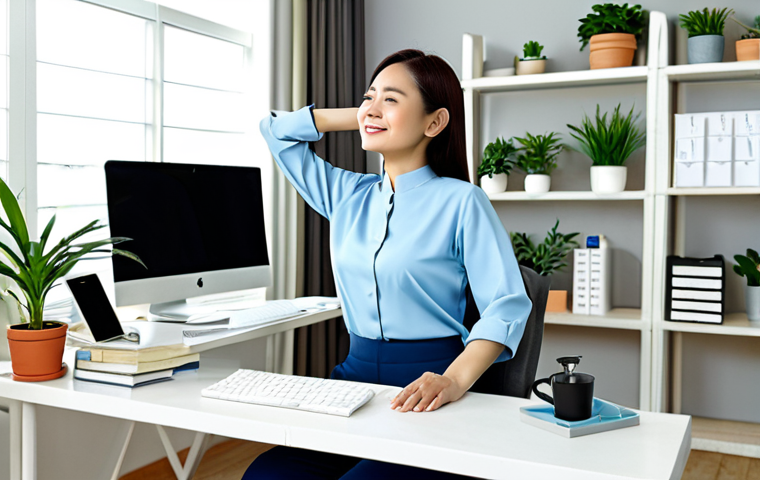 **

A Malaysian woman in comfortable, modest work-from-home attire (e.g., baju kurung or long-sleeved blouse and trousers), stretching her neck and shoulders while seated at a well-organized ergonomic workstation. The background shows a bright and tidy home office setting with plants and motivational posters. Emphasis on correct posture and a relaxed expression. Fully clothed, appropriate content, professional, safe for work, perfect anatomy, natural pose.

**