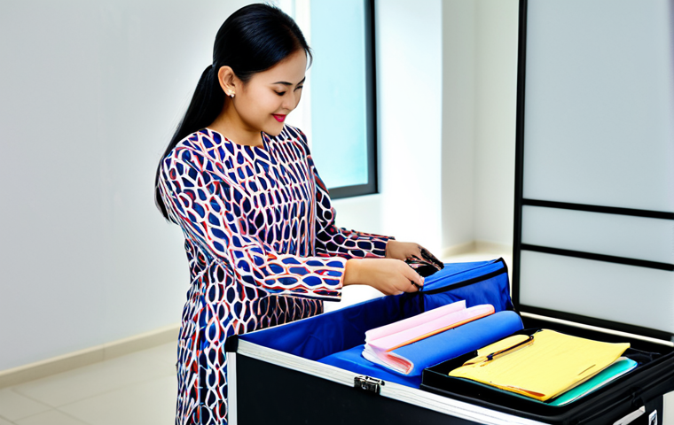 **

"A professional Malaysian businesswoman in a modest baju kurung, packing a suitcase with a checklist in hand, in a bright, modern home office, fully clothed, appropriate attire, safe for work, perfect anatomy, natural proportions, professional photography, high quality, family-friendly."

**