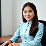 A professional businesswoman in a modest baju kurung, sitting at a desk in a modern Kuala Lumpur office, fully clothed, appropriate attire, safe for work, perfect anatomy, natural proportions, professional photography, high quality.