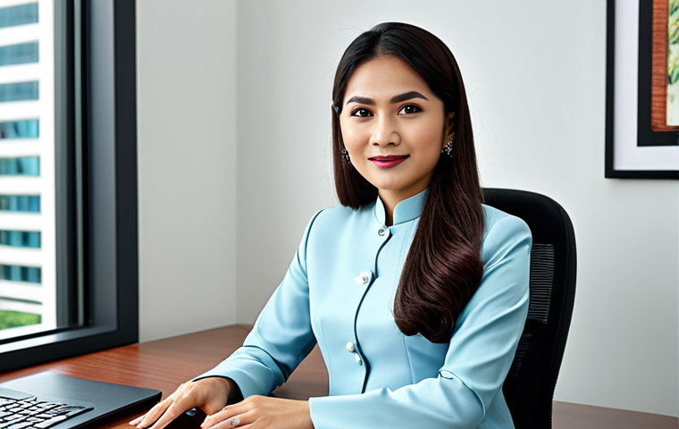 A professional businesswoman in a modest baju kurung, sitting at a desk in a modern Kuala Lumpur office, fully clothed, appropriate attire, safe for work, perfect anatomy, natural proportions, professional photography, high quality.